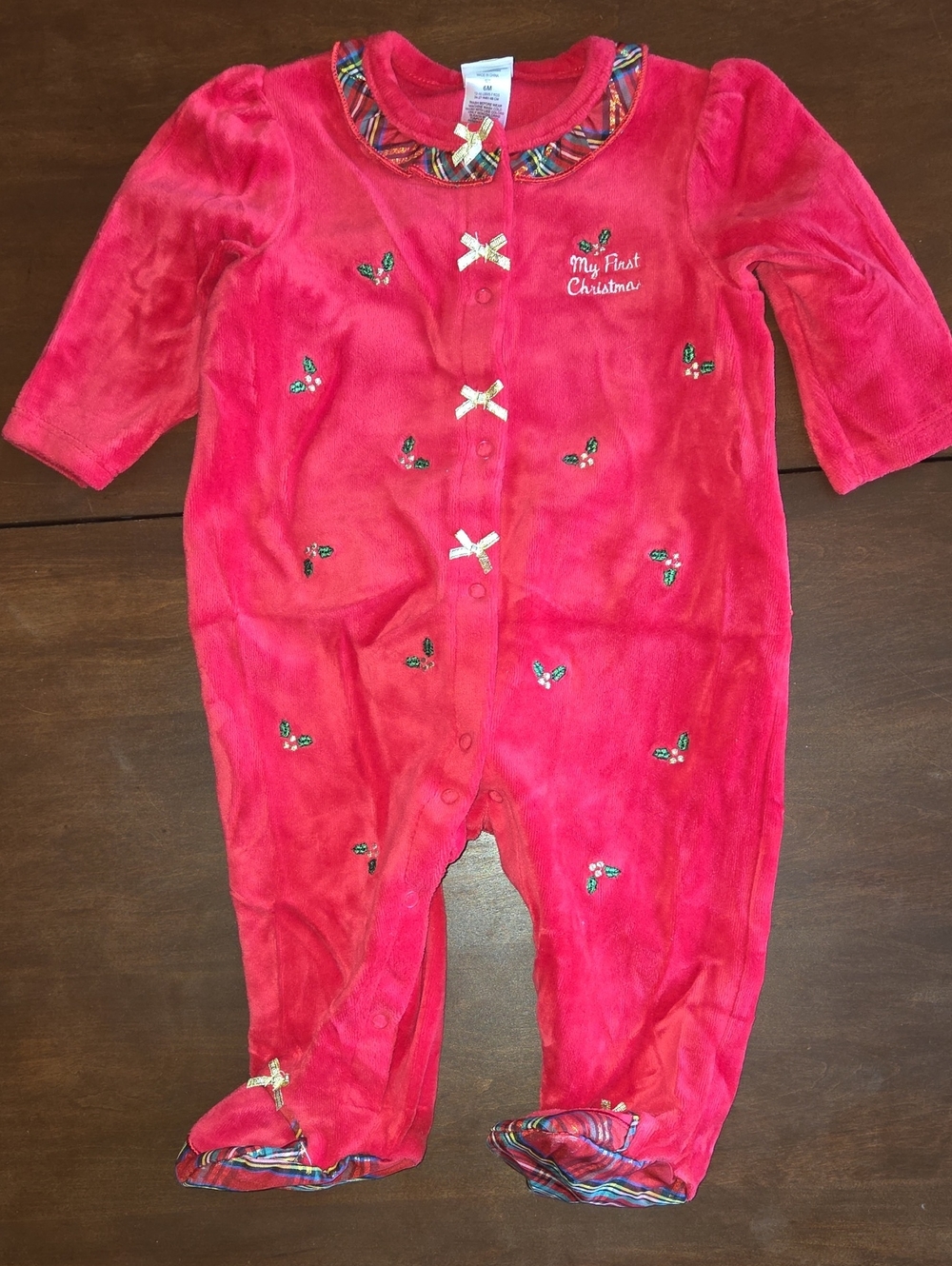 Little Me Red Plush Holiday Footie with Embroidered Holly